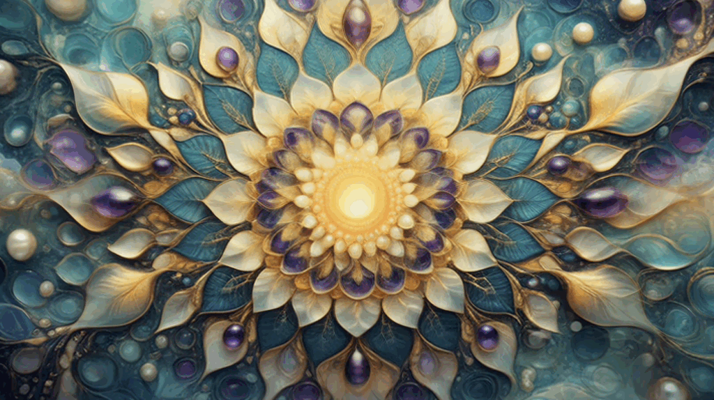 A teal and gold floral mandala blooming, representing the geometry of the soul in a psychedelic screensaver.
